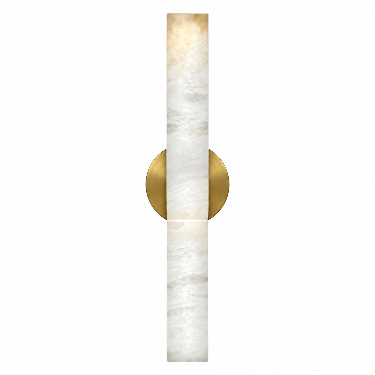 Front view of illuminated long Spanish alabaster wall sconce with round gold brass base on white background