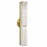 Side perspective view of unlit modern Spanish alabaster wall sconce with brushed brass mounting backplate on white background