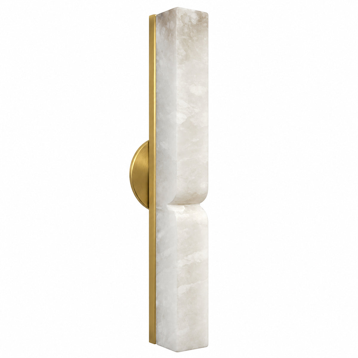Side perspective view of unlit modern Spanish alabaster wall sconce with brushed brass mounting backplate on white background