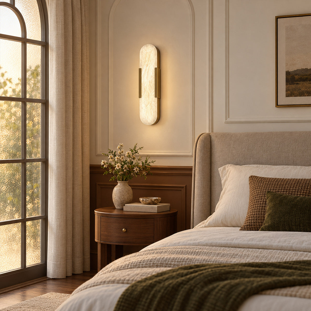 Glowing capsule Spanish natural alabaster wall sconce mounted beside a cozy bed in elegant bedroom