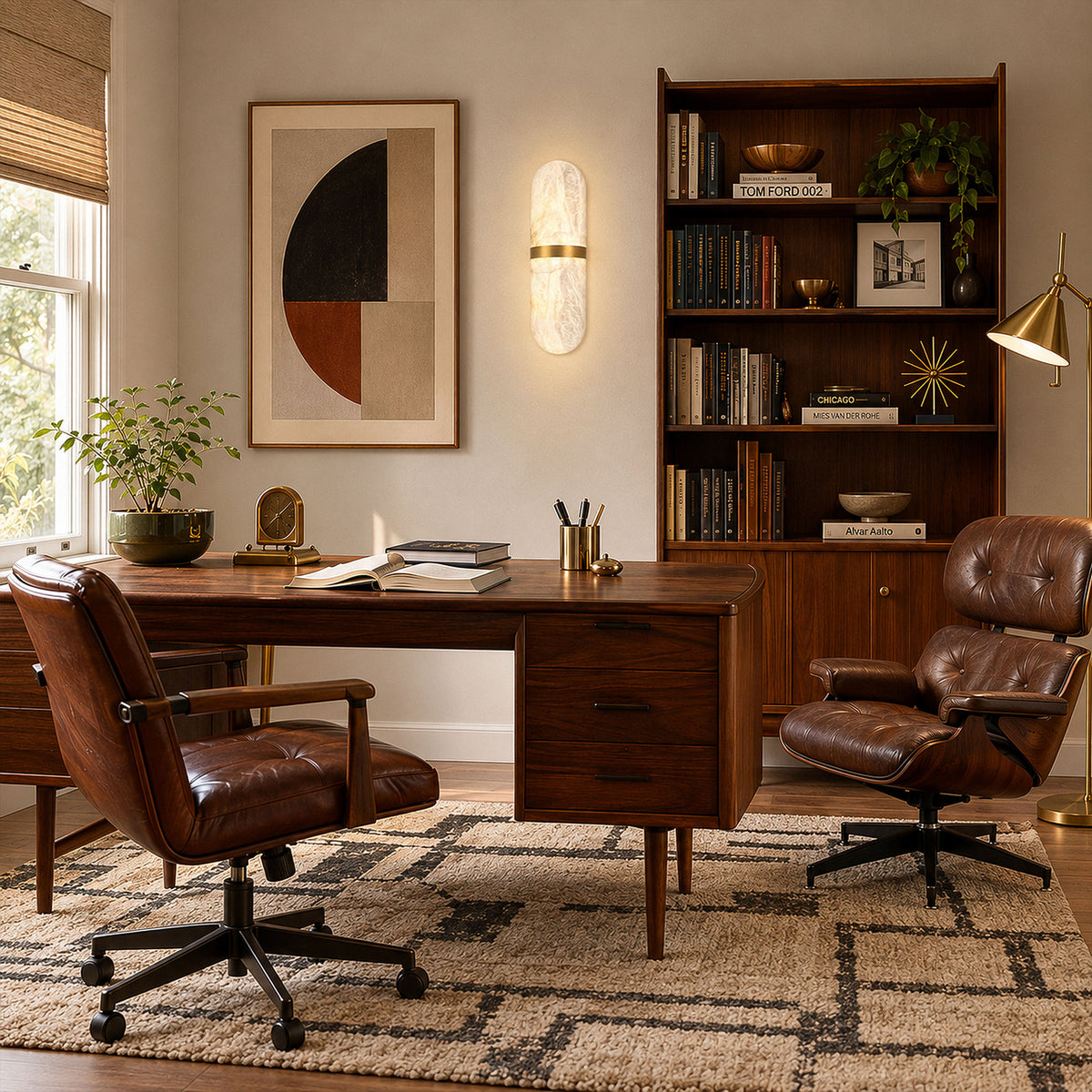 Glowing capsule alabaster sconce mounted above a mid century modern executive desk and walnut bookshelf in a bright home office