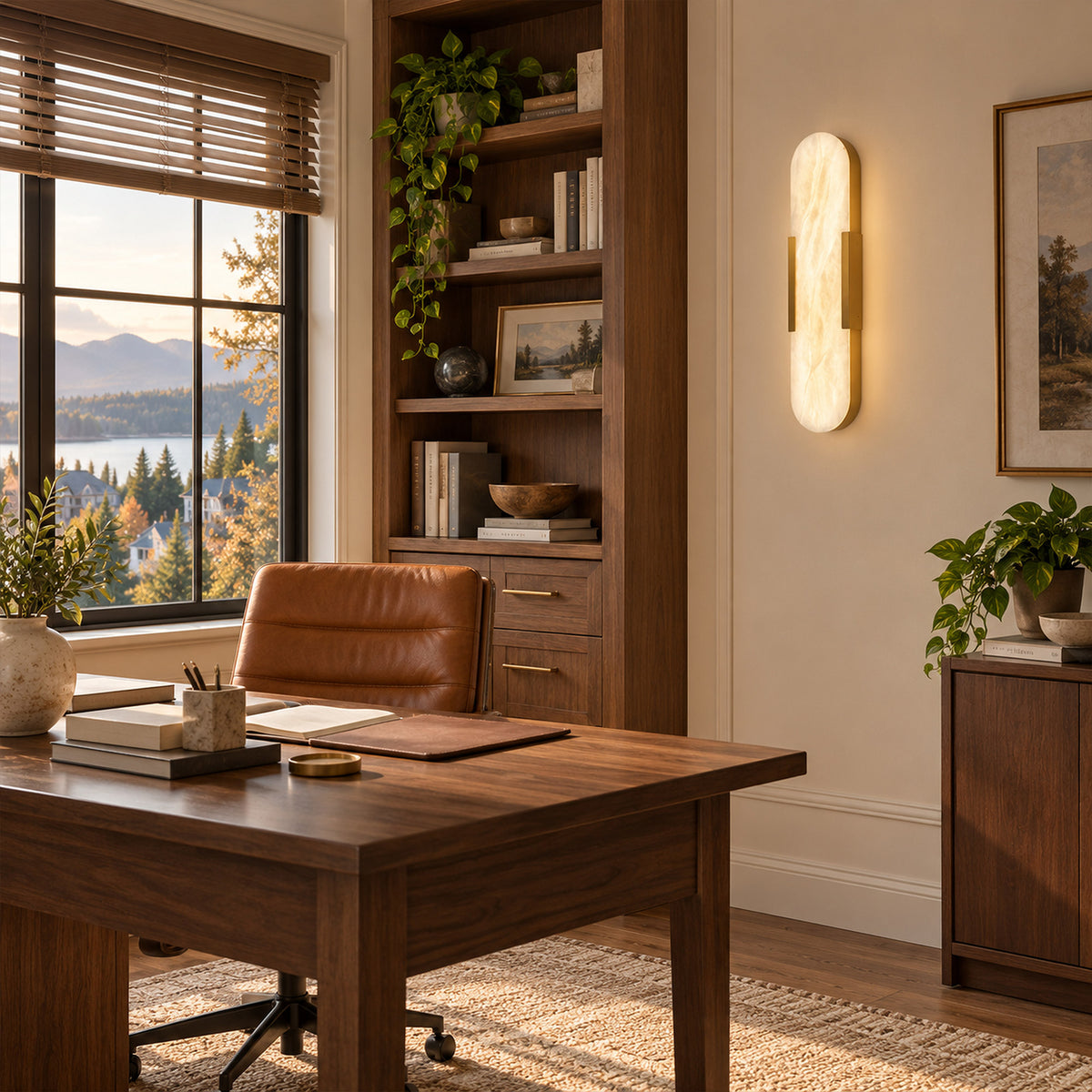 Illuminated long capsule Spanish natural alabaster wall sconce beside wooden bookshelf in home office study room