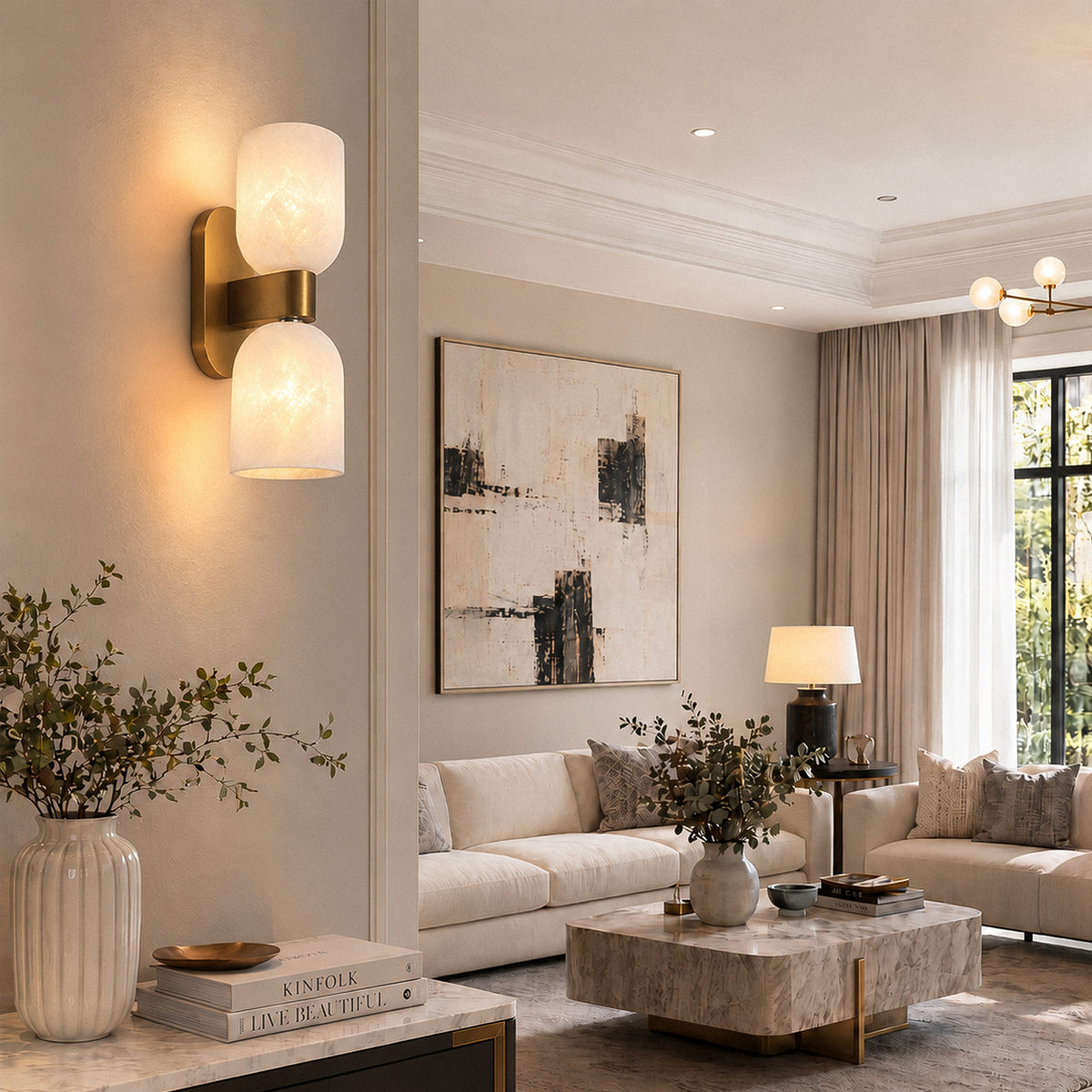 Illuminated Spanish natural alabaster capsule wall light installed on corner wall near modern living room entry