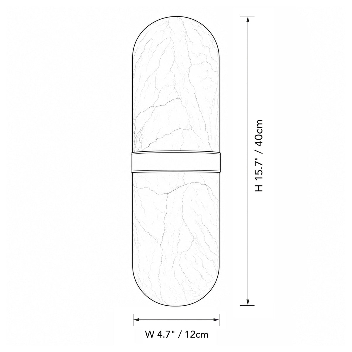 Dimension specification drawing for capsule shaped Spanish natural alabaster wall sconce displaying height and width