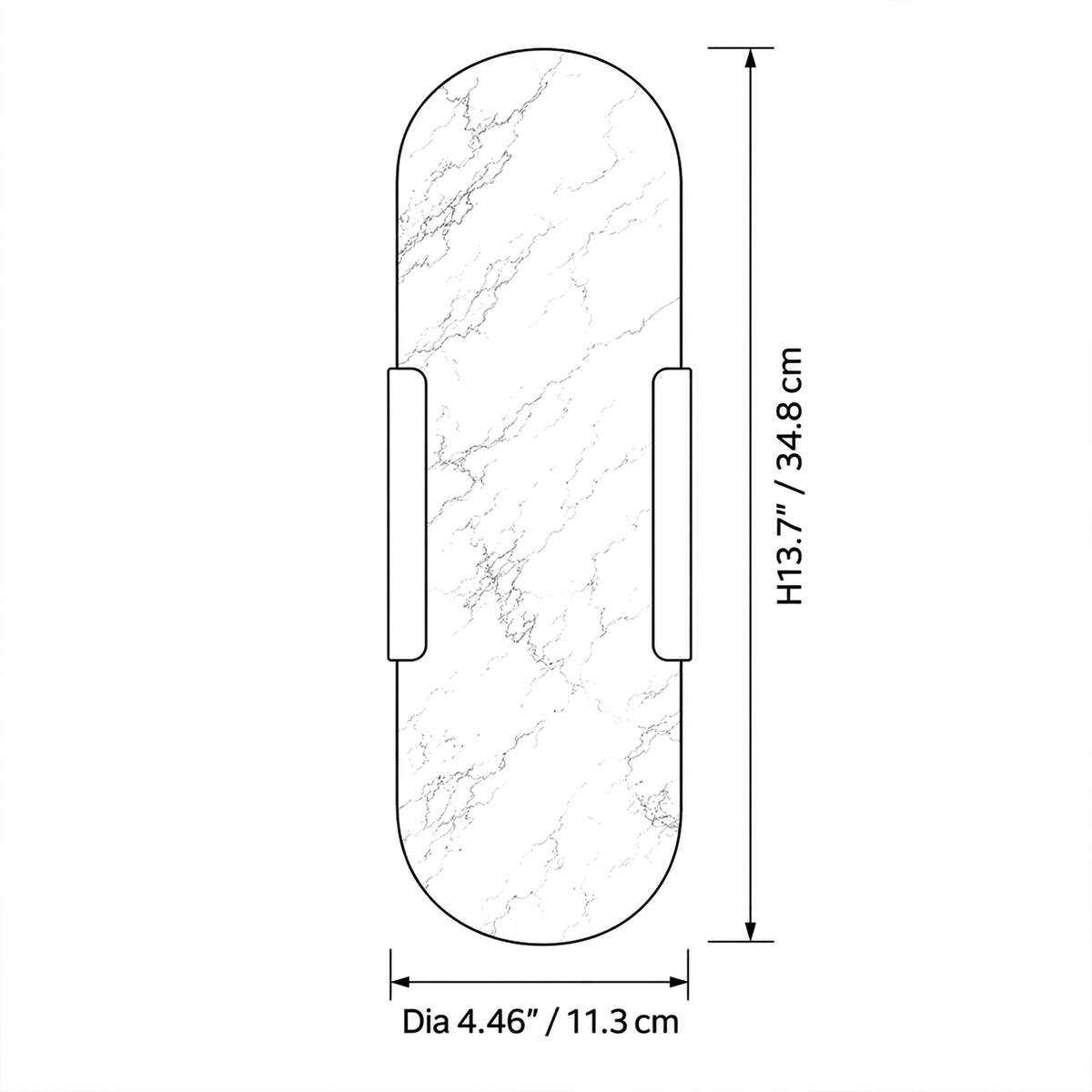 Dimension specification diagram for oval capsule Spanish alabaster wall sconce showing height 34.8cm and width 11.3cm