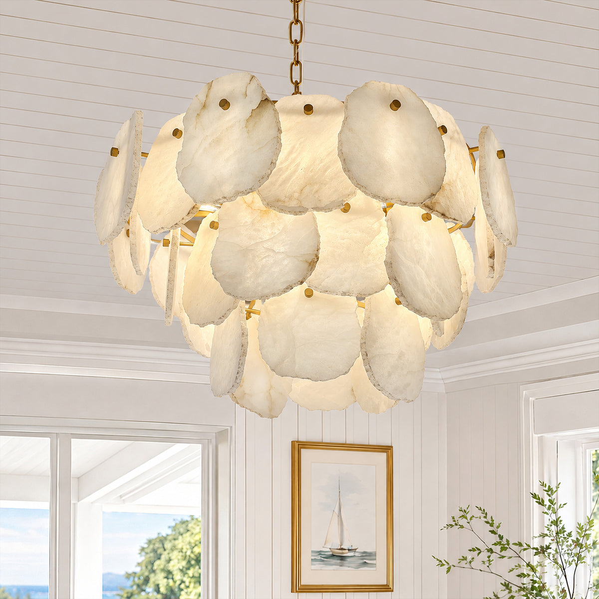 Close up view of glowing multi tiered Spanish alabaster slice pendant light hanging in a bright living room