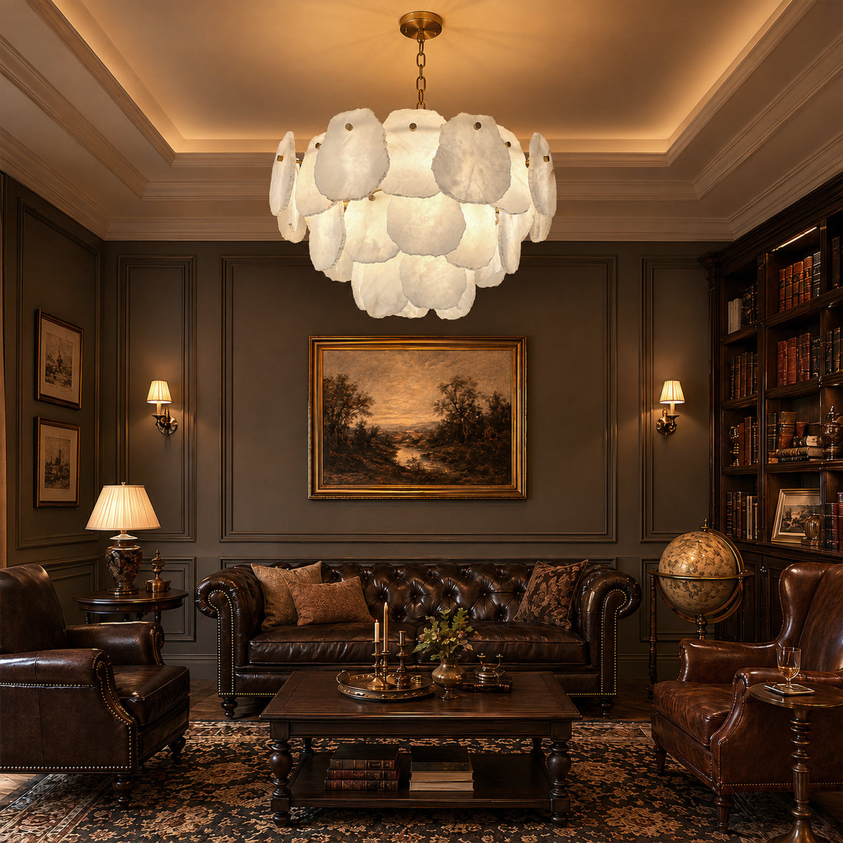 Glowing Spanish natural alabaster pendant fixture centered in a moody vintage dark wood study room with tufted leather sofa