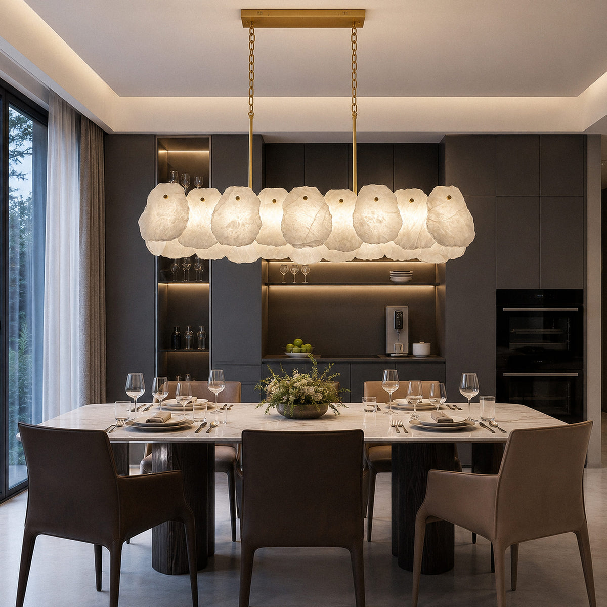 Spanish alabaster chandelier illuminating modern luxury dining room set with marble table