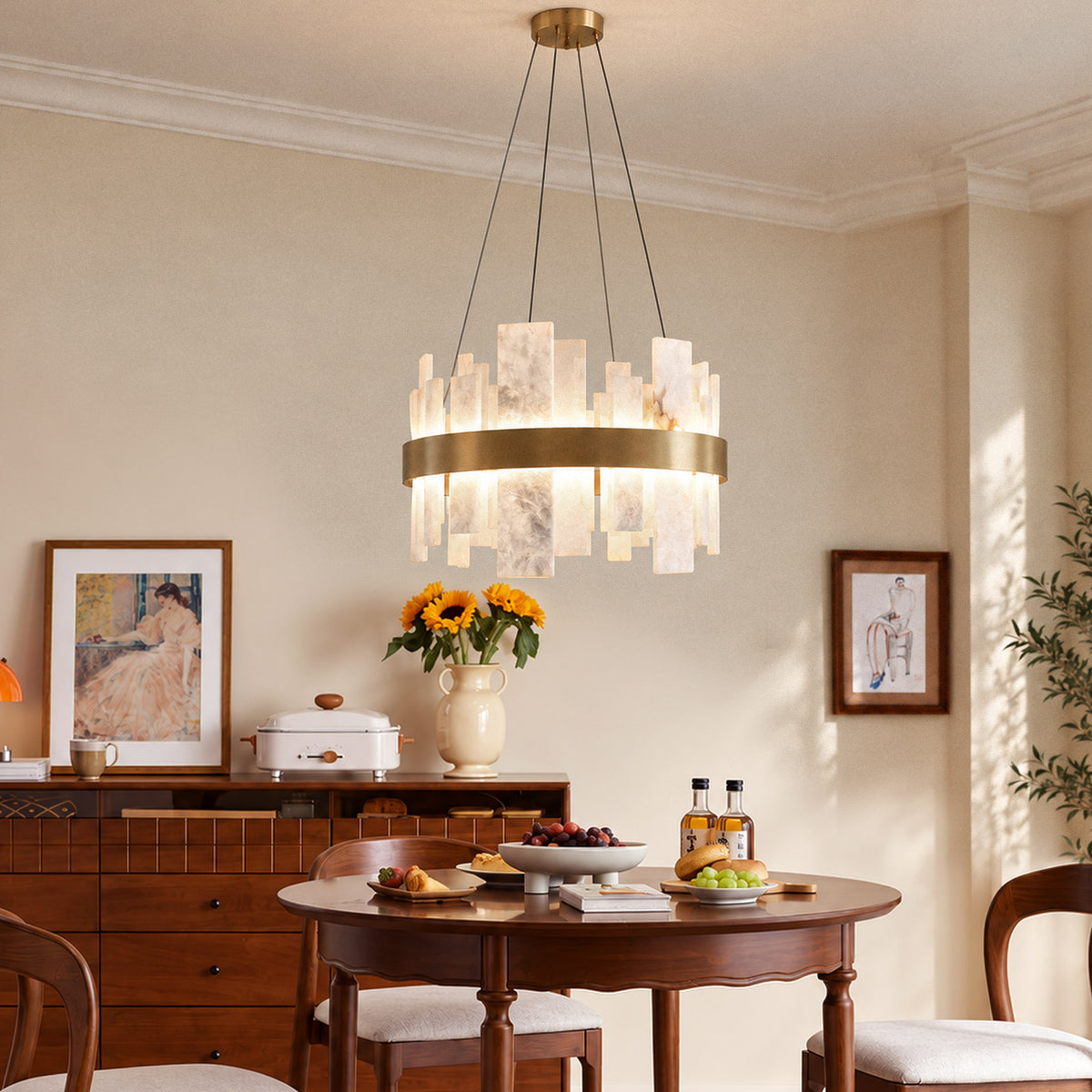 Spanish alabaster rectangular slab chandelier illuminating a wooden round dining table and vintage cabinet