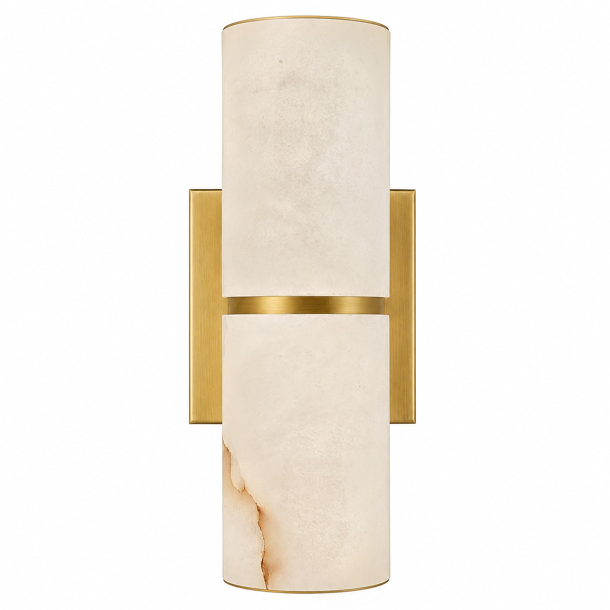 Spanish alabaster cylinder wall sconce with brushed brass metal accent on plain white background