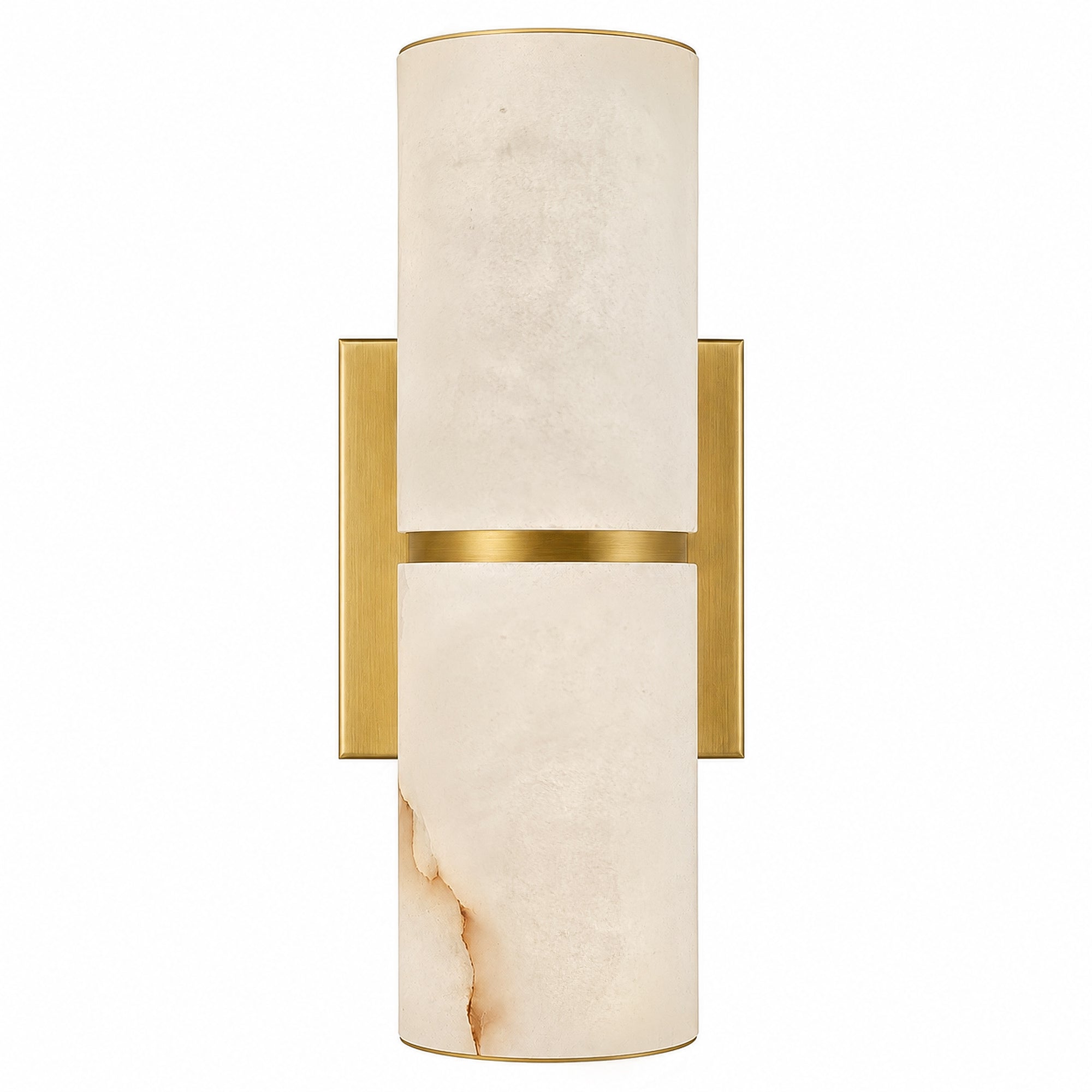 Spanish alabaster cylinder wall sconce with brushed brass metal accent on plain white background