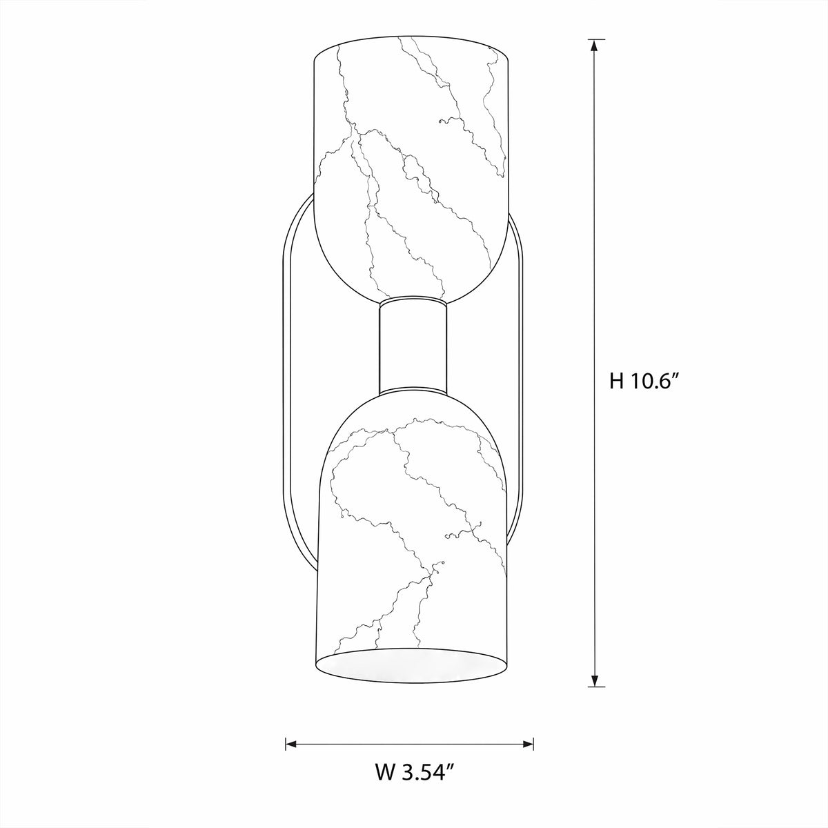 Dimension specifications diagram for double capsule Spanish natural alabaster wall sconce showing height 10.6 inches and width 3.54 inches