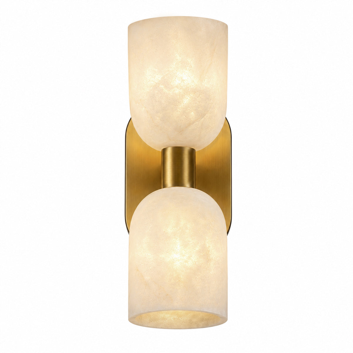 Illuminated double capsule Spanish natural alabaster wall sconce with brushed solid brass base on white background