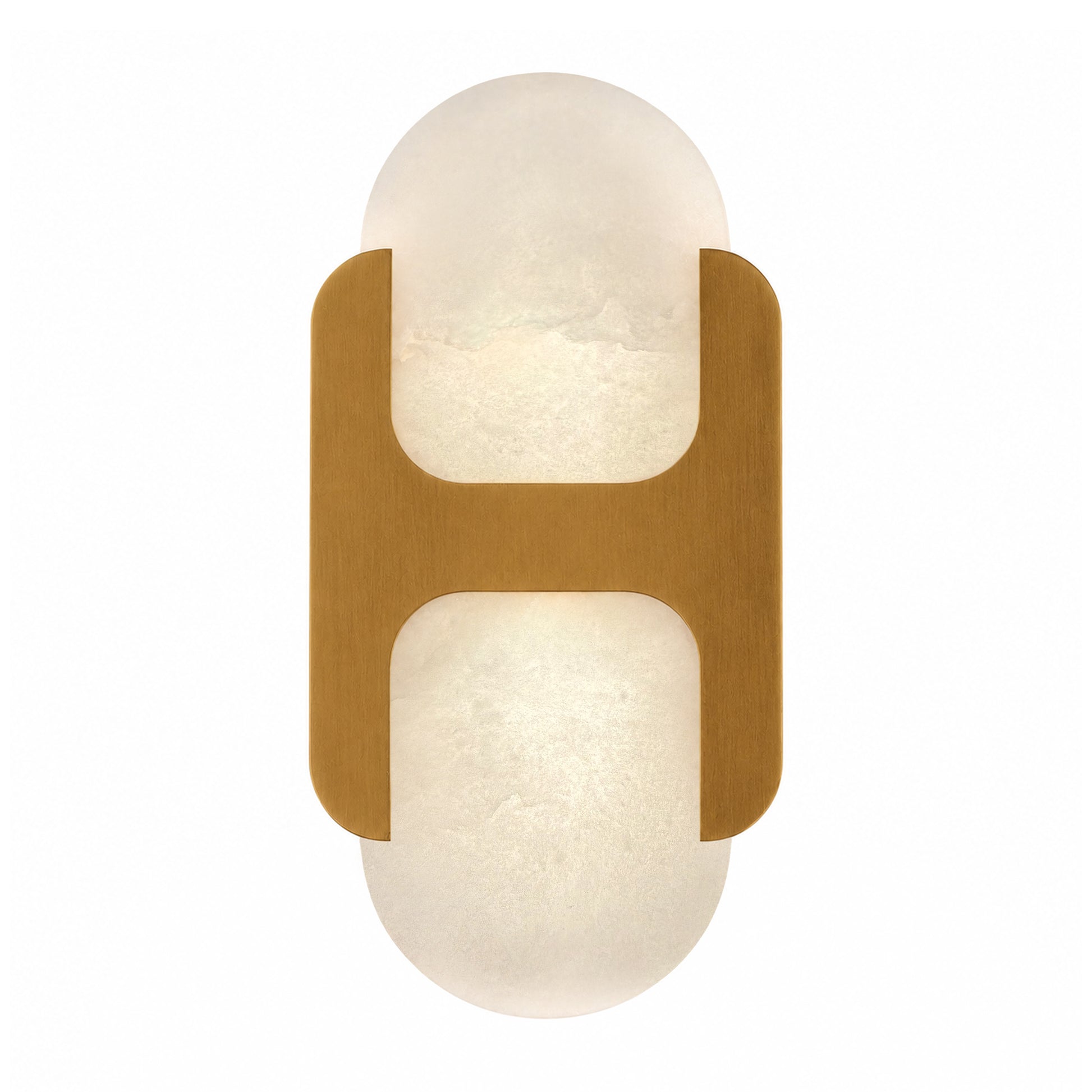 Front view of an illuminated H-shaped solid brass wall sconce with Spanish alabaster stone shade on white background