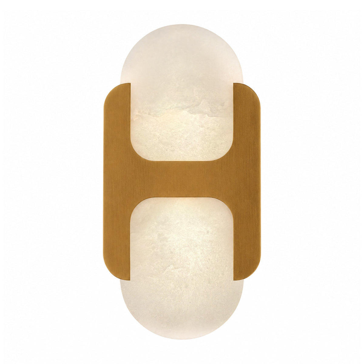Front view of an illuminated H-shaped solid brass wall sconce with Spanish alabaster stone shade on white background