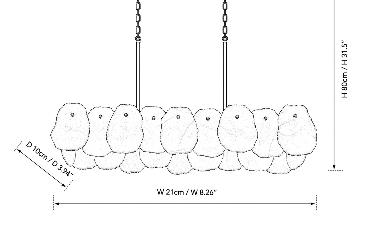 Dimensional drawing of Spanish alabaster linear chandelier showing length height and depth measurements