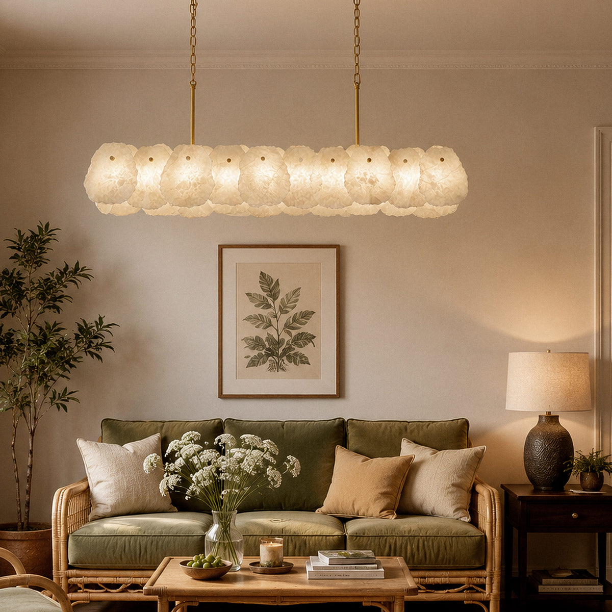 Spanish alabaster linear pendant hanging above green sofa and wooden coffee table in cozy living room
