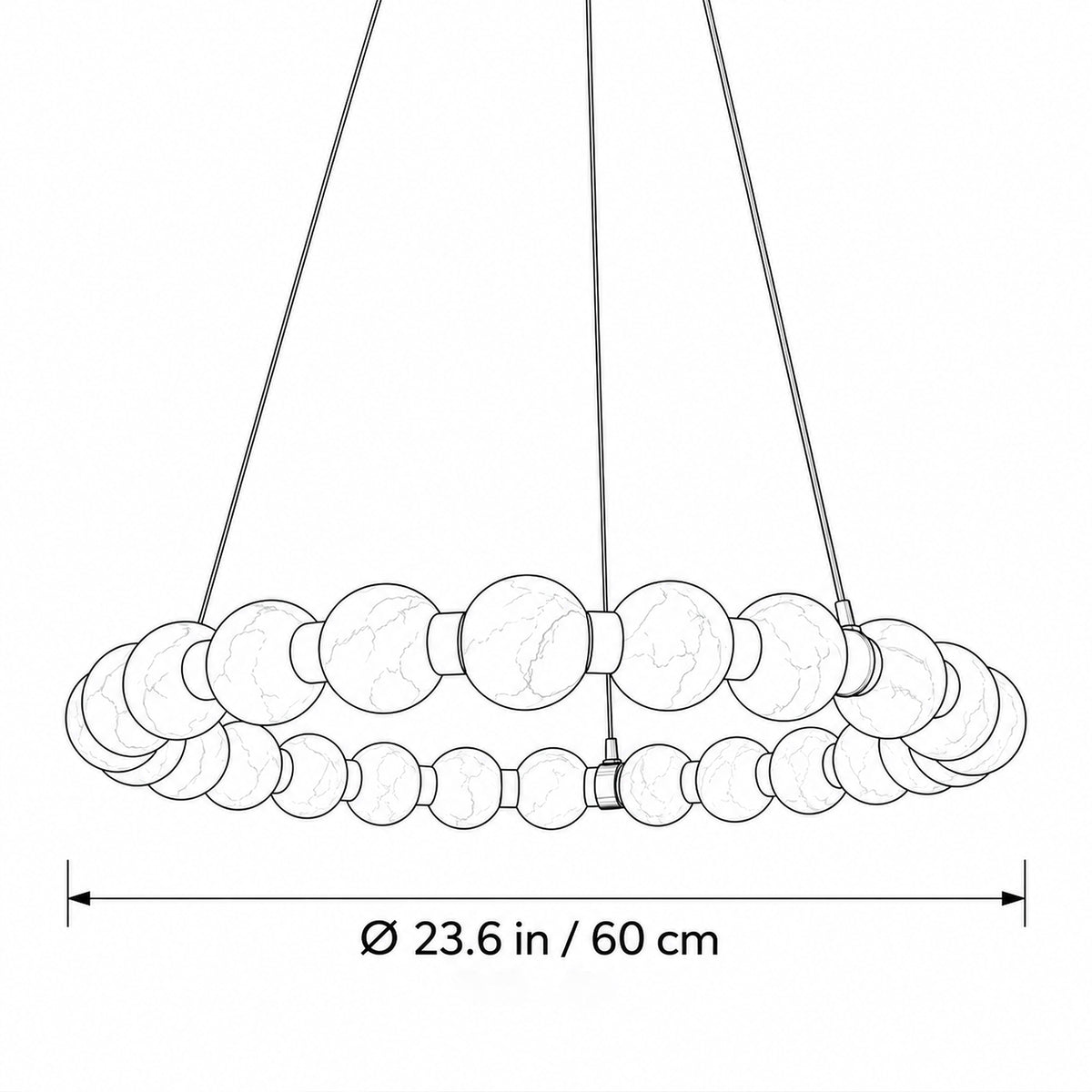 Dimension diagram of round Spanish alabaster orb ring chandelier showing diameter 23.6 inches or 60 cm