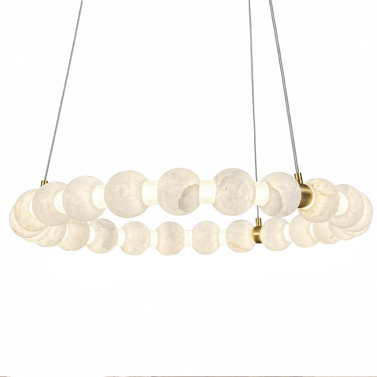 Front view of round chandelier featuring translucent Spanish alabaster orbs on brass frame isolated on white background