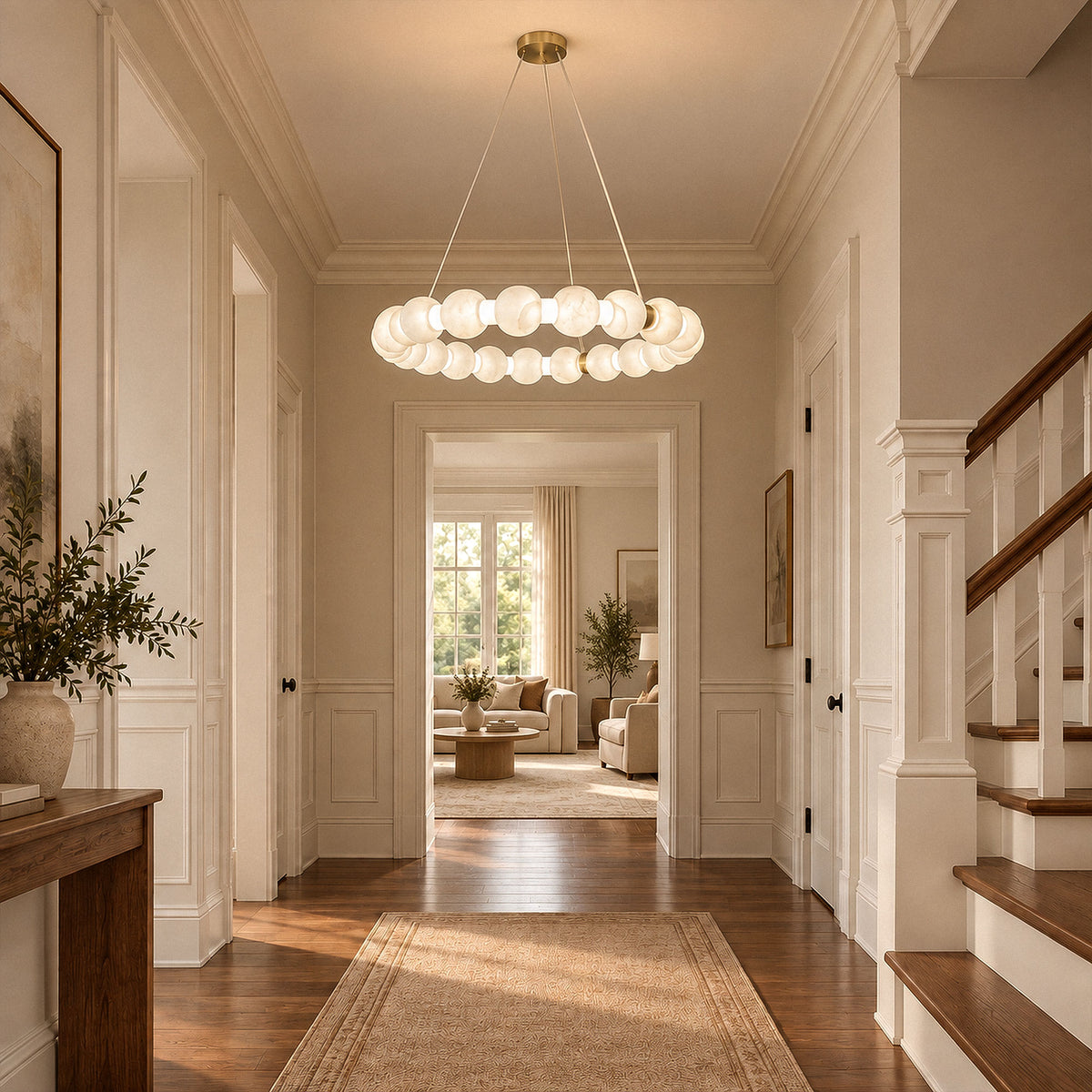 Illuminated Spanish alabaster orb ring chandelier suspended in a bright white hallway with wooden floors