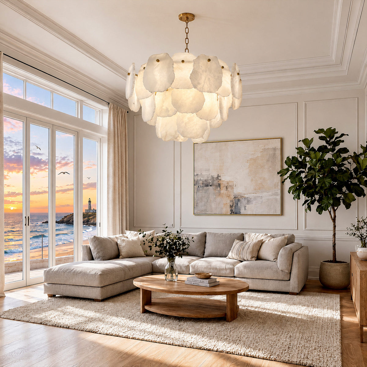 Illuminated Spanish alabaster slice pendant chandelier hanging above a cream sofa in a bright oceanfront living room with sunlight