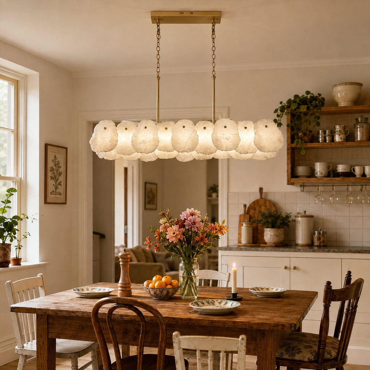Spanish alabaster pendant light glowing warm light over wooden dining table in cozy rustic room
