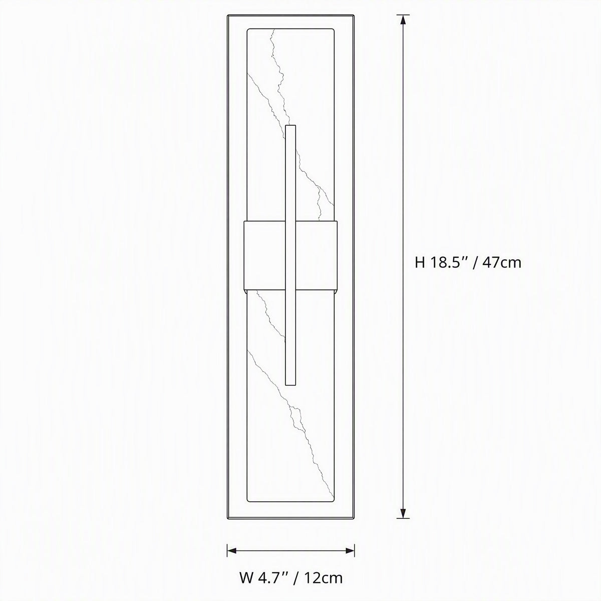 Dimension specification diagram for rectangular Spanish natural alabaster wall sconce showing height 47cm and width 12cm
