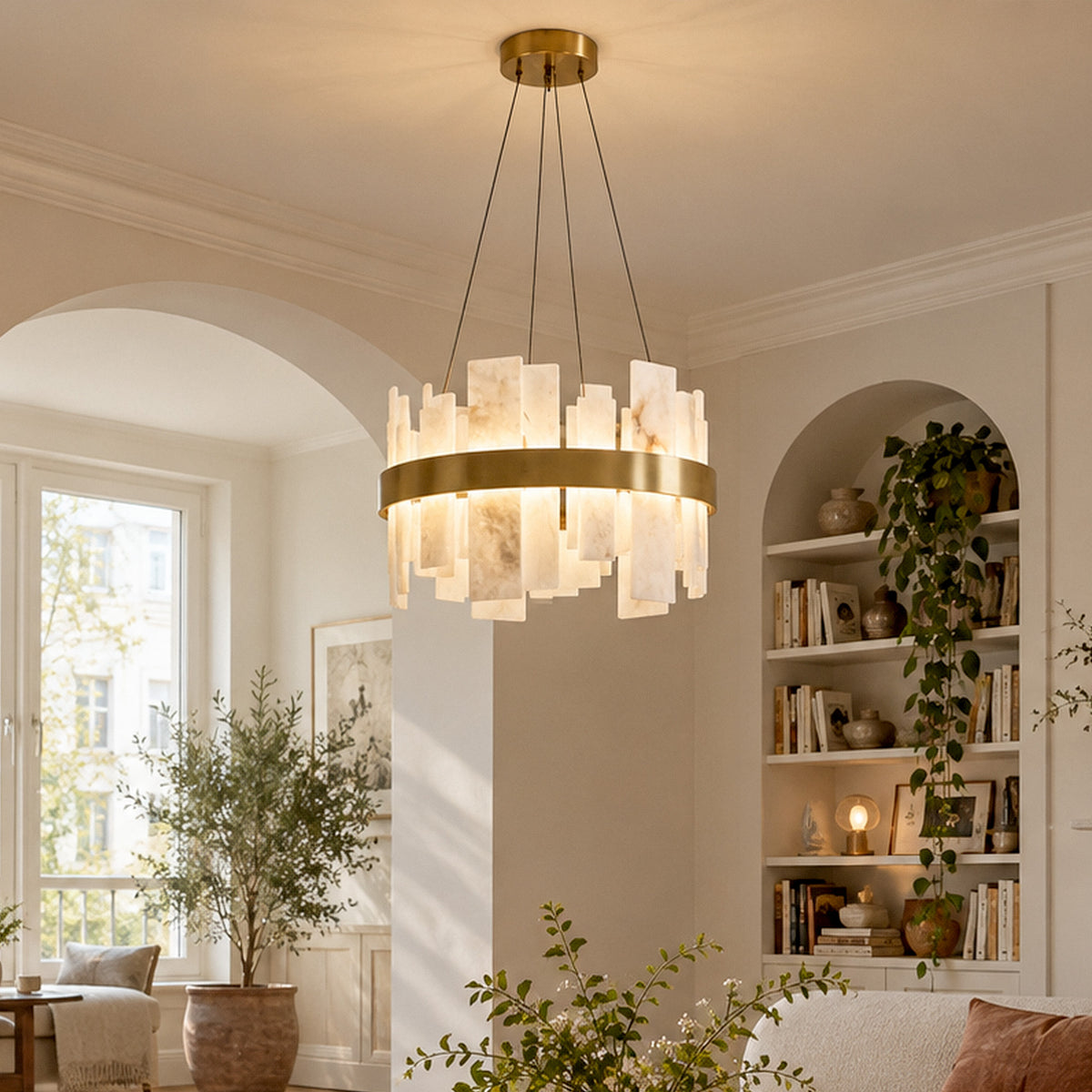 Illuminated Spanish alabaster slab chandelier suspended in a bright modern living room near arched wall and bookshelf