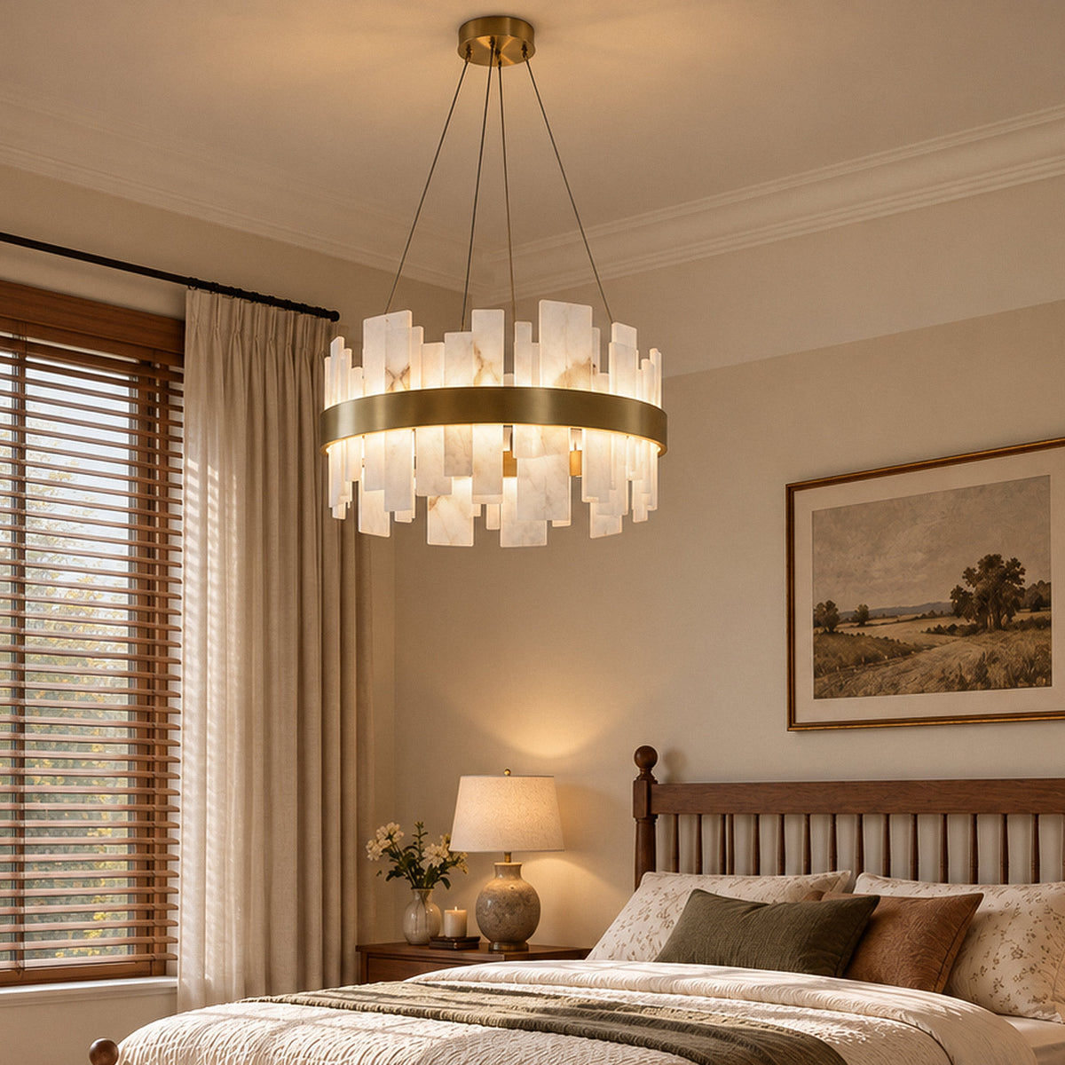 Warmly lit Spanish alabaster slab pendant light emitting soft glow above a wooden bed in a cozy bedroom