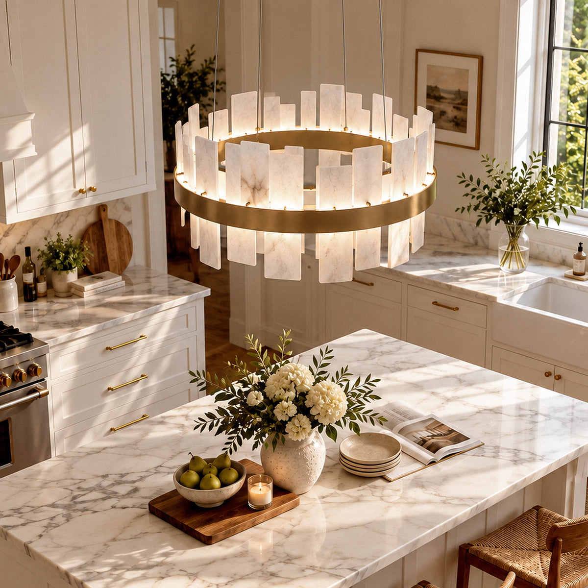 Staggered Spanish alabaster slab chandelier hanging over a marble kitchen island in a sunny bright kitchen