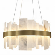 Front view of round brass chandelier featuring staggered translucent Spanish alabaster slabs isolated on white background