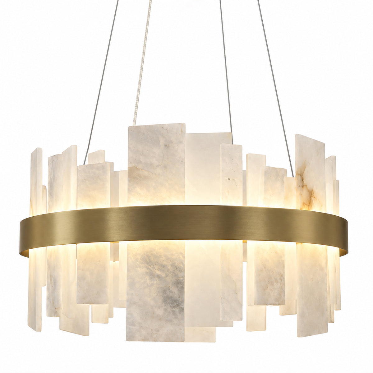 Front view of round brass chandelier featuring staggered translucent Spanish alabaster slabs isolated on white background