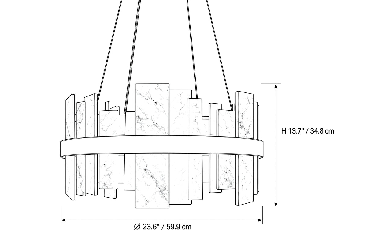 Dimension diagram of round Spanish alabaster slab chandelier showing diameter 23.6 inches and fixture height 13.7 inches