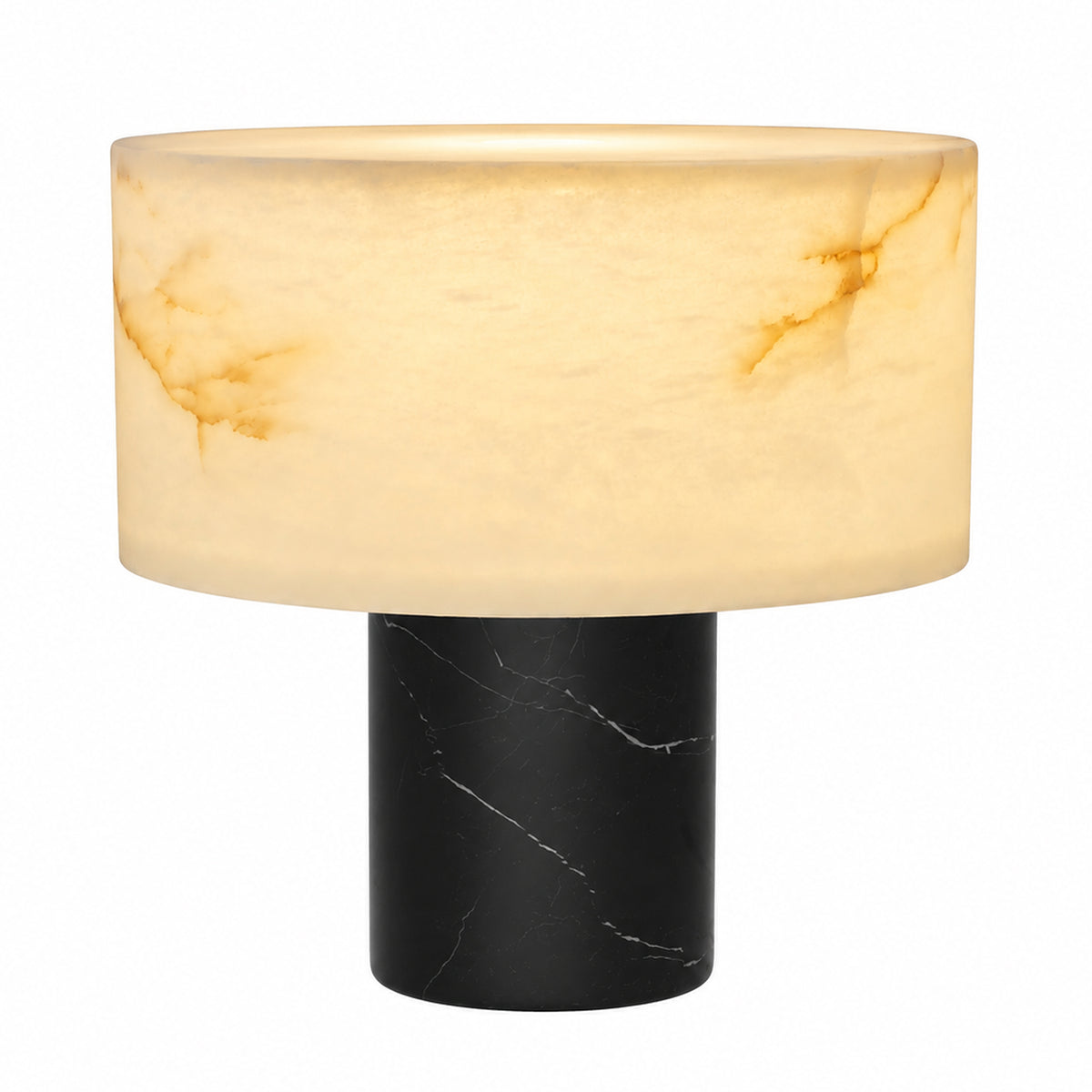 Modern table lamp with translucent white Spanish alabaster shade and cylinder black marble base on white background