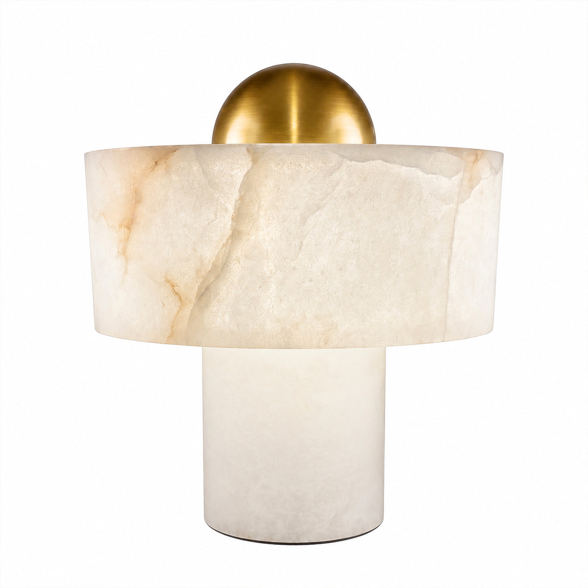 Spanish alabaster table lamp with cylindrical base wide alabaster shade and brushed brass dome on white background