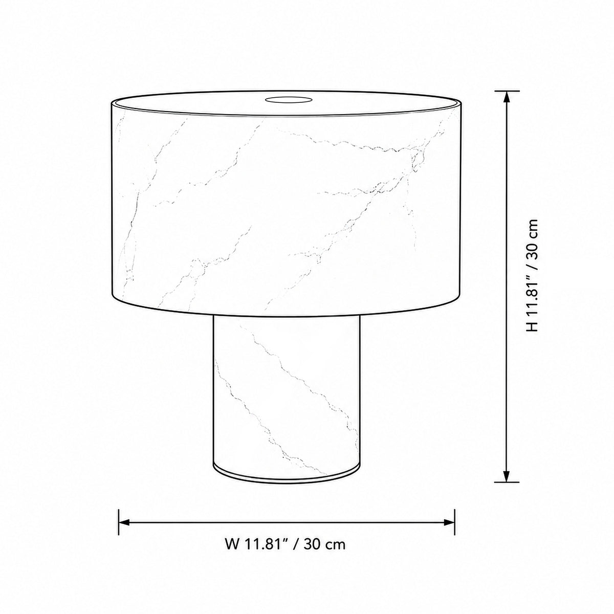 Dimensional line drawing showing height and width measurement of cylinder alabaster table lamp