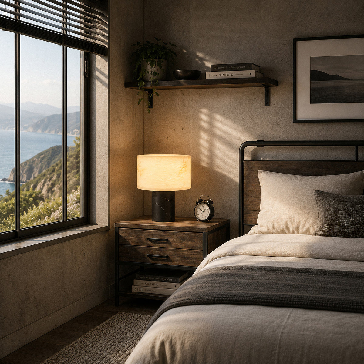 Warm illuminated Spanish alabaster table lamp on dark wooden nightstand in rustic industrial bedroom setting