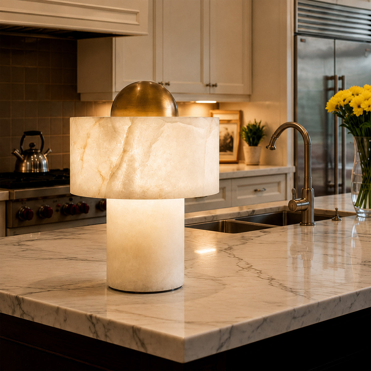 Spanish alabaster table lamp illuminated on marble kitchen island in warm atmospheric interior