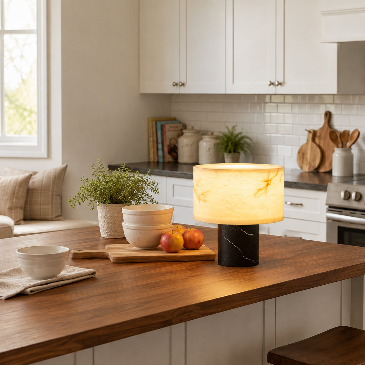 Spanish alabaster table lamp glowing on wooden kitchen island counter in modern bright kitchen setting