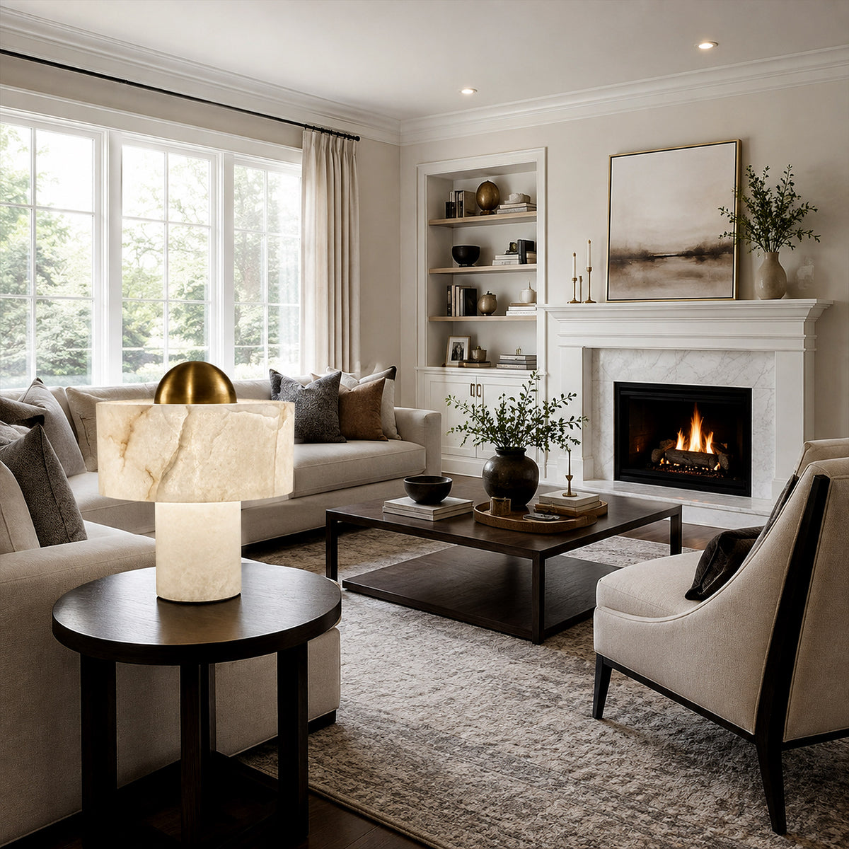 Spanish alabaster table lamp glowing on dark wood side table in elegant living room setting