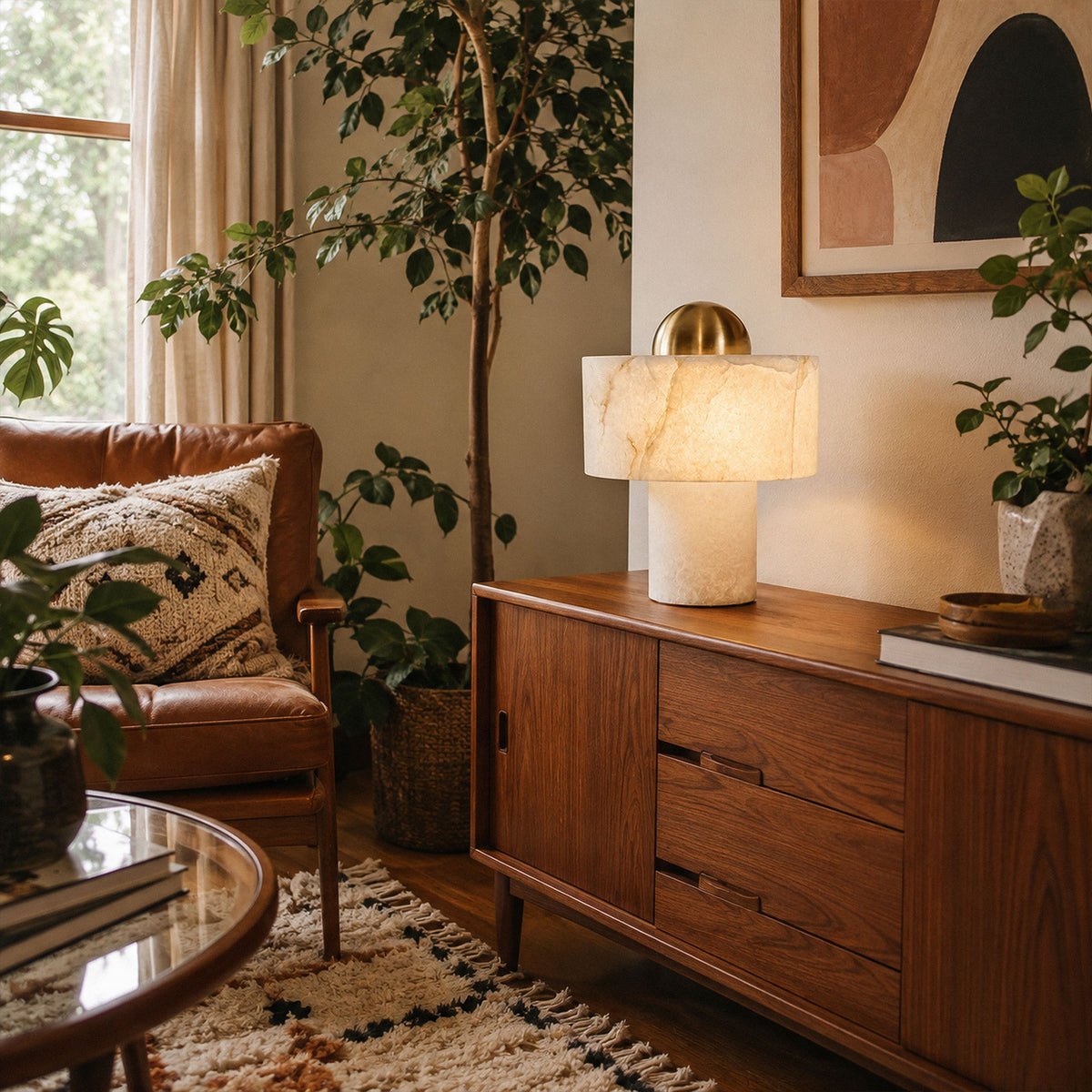 Spanish alabaster table lamp glowing on mid century wooden sideboard in cozy living room with plants