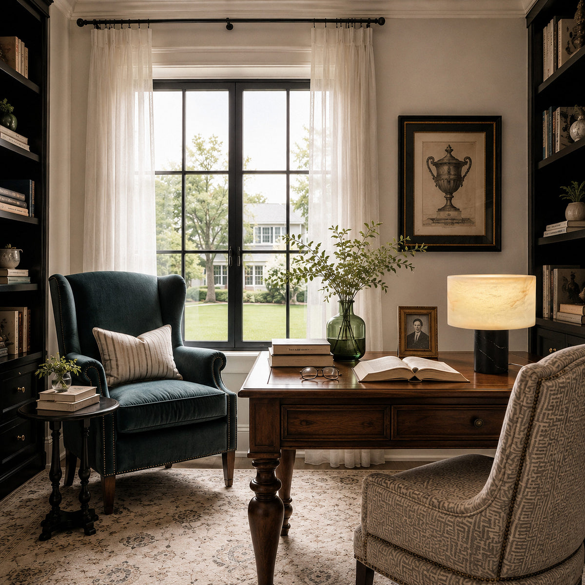 Spanish alabaster table lamp lighting up classic wooden executive desk in sophisticated home office study