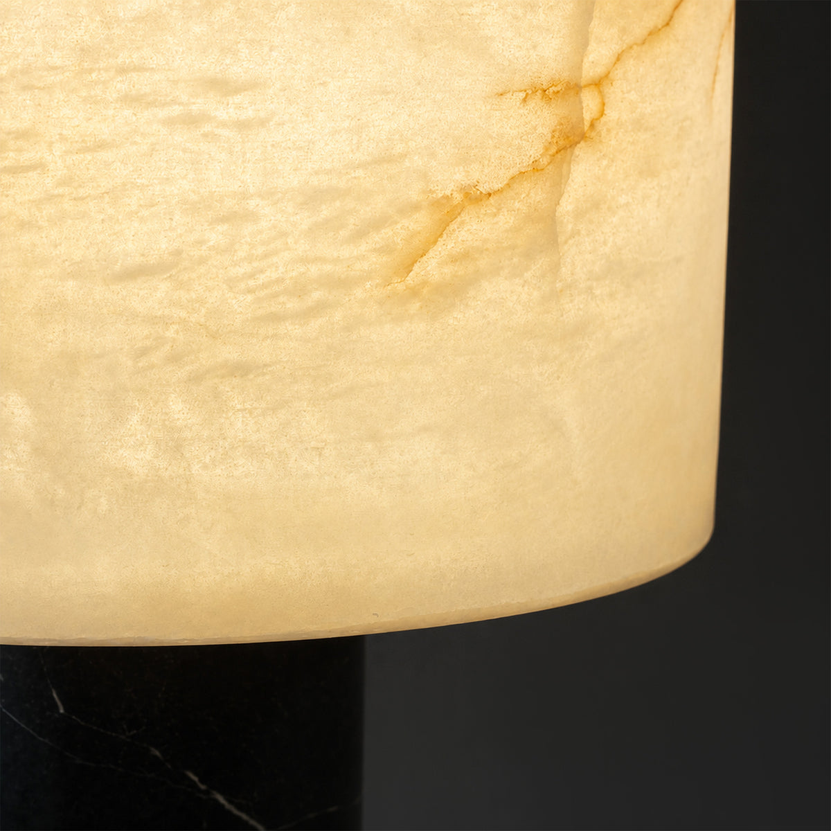Close up view of glowing translucent stone texture and natural veining on Spanish alabaster lamp shade