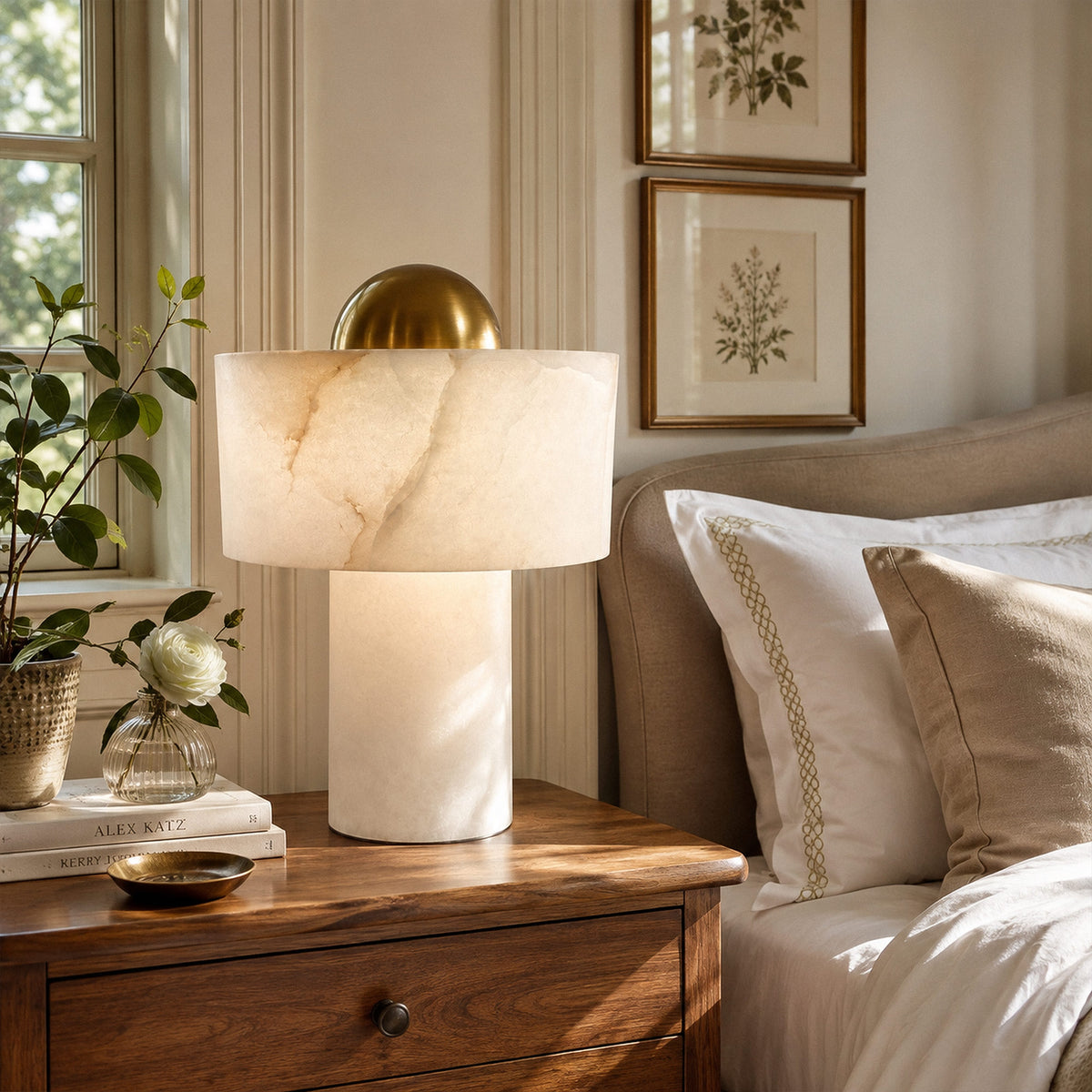 Spanish alabaster table lamp on wooden nightstand in sunlit bedroom with natural light