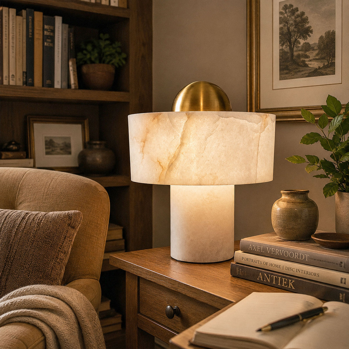 Spanish alabaster table lamp glowing softly on wooden desk in cosy study next to bookshelves