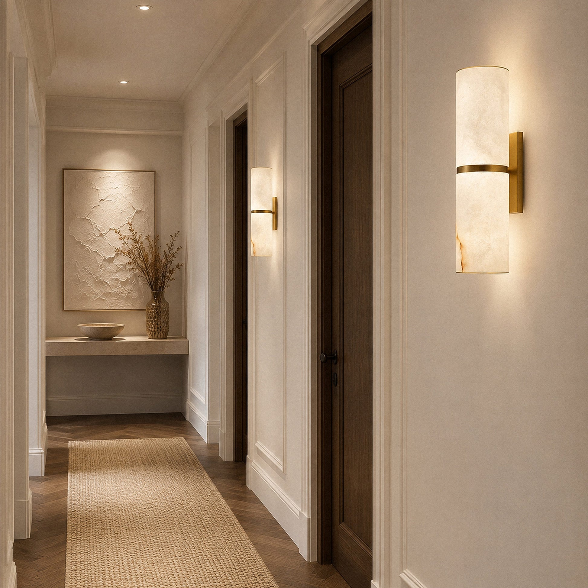 Pair of Spanish alabaster wall lights illuminating elegant modern hallway corridor