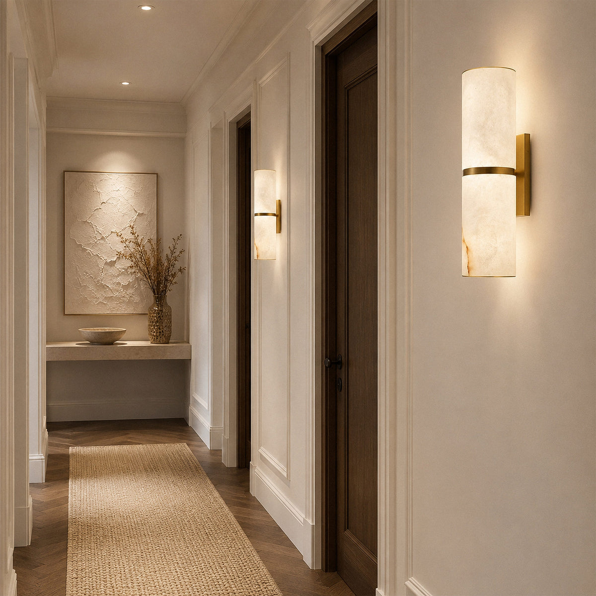 Pair of Spanish alabaster wall lights illuminating elegant modern hallway corridor