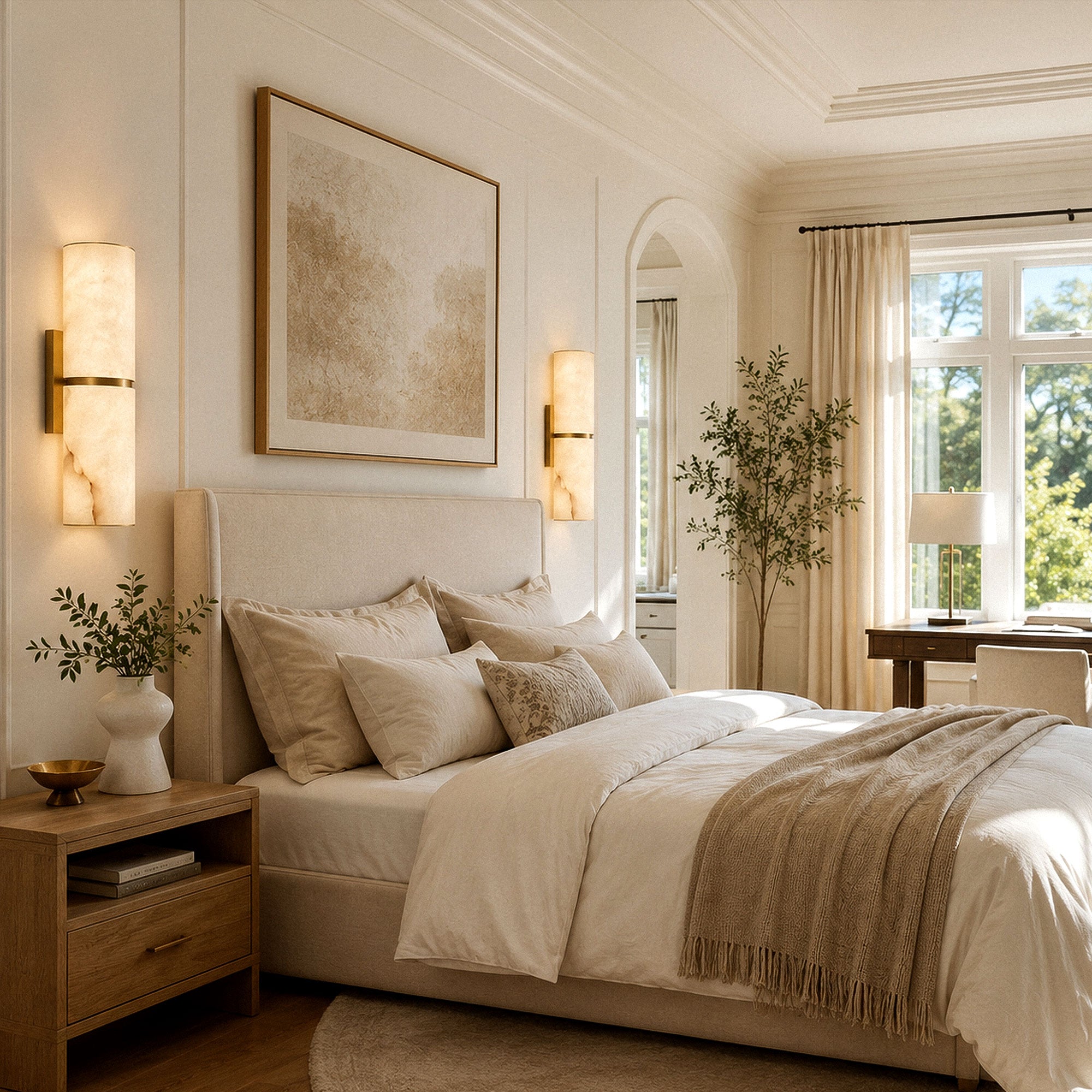 Pair of Spanish alabaster wall sconces mounted on sides of bed in bright elegant bedroom