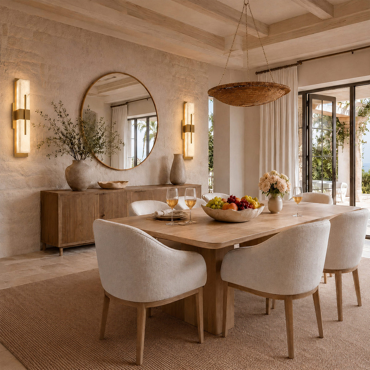 Pair of glowing rectangular Spanish natural alabaster wall sconces mounted on travertine wall flanking a large round mirror in a luxury dining room