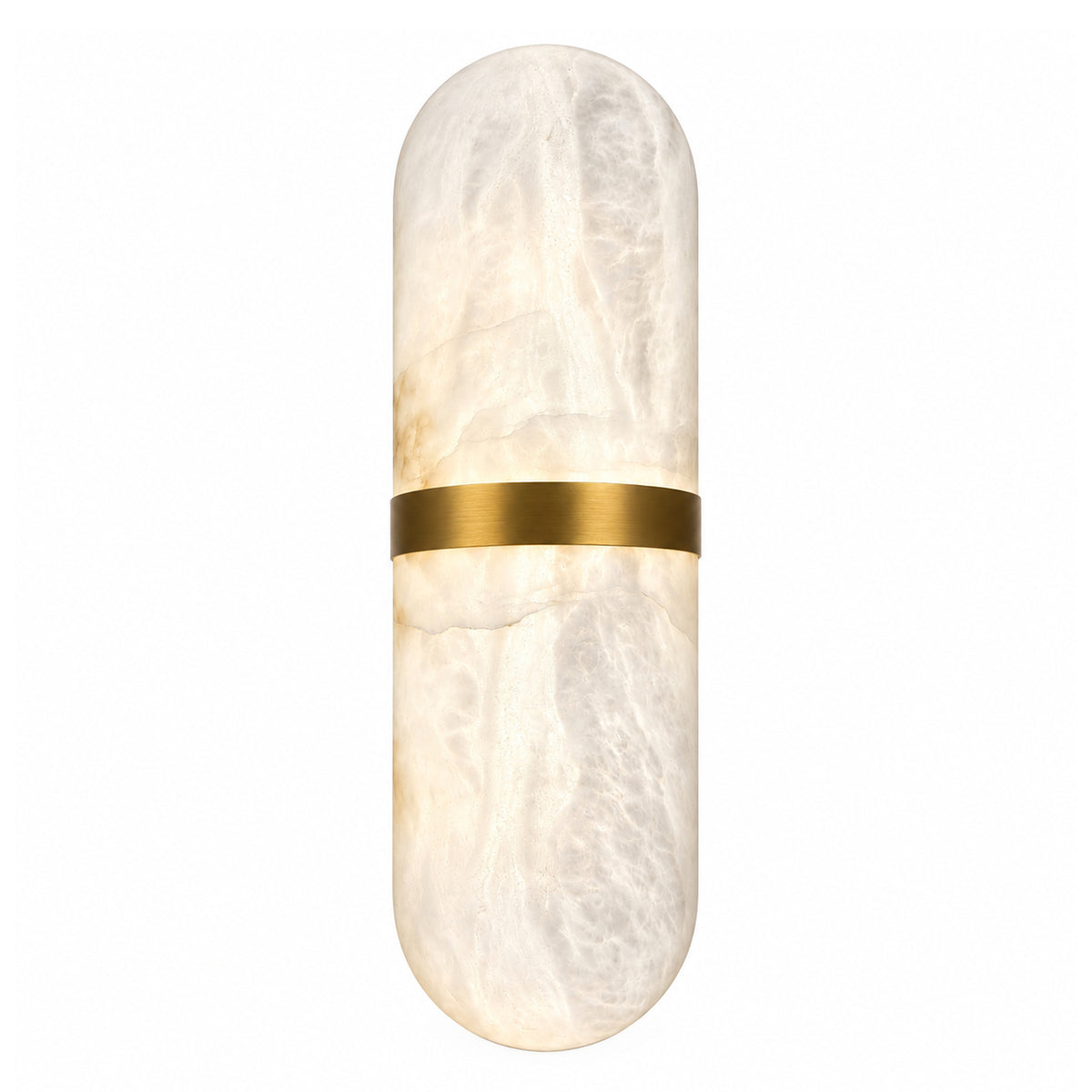Vertical capsule shaped glowing Spanish natural alabaster wall sconce light with brushed brass center band on white studio background
